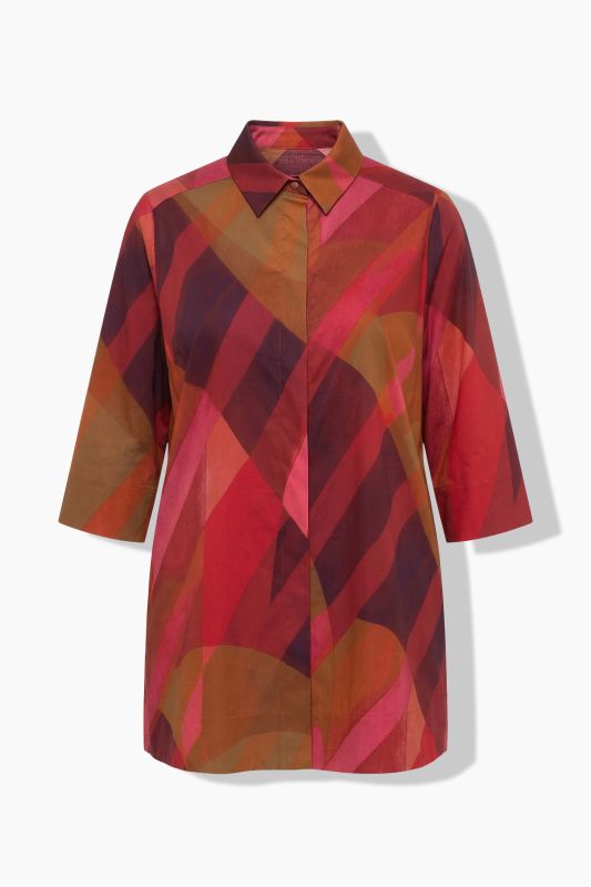 Abstract Stripe 3/4 Sleeve Button-Down Tunic Blouse