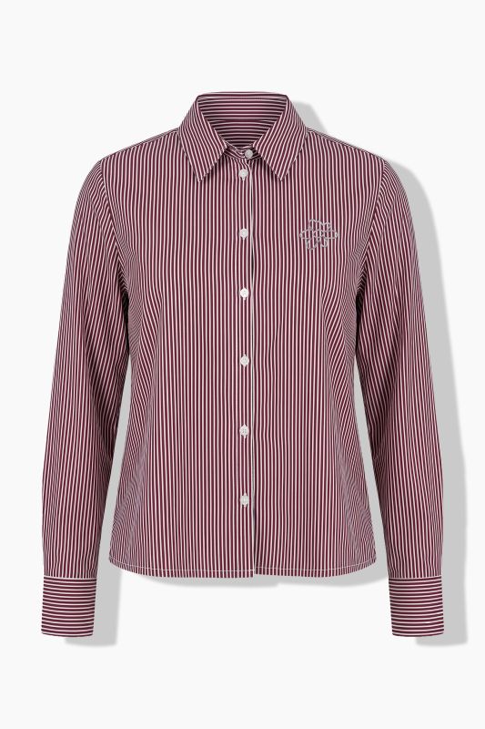 Pinstripe Metallic Floral Logo Print Button-Down Blouse