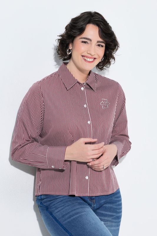 Pinstripe Metallic Floral Logo Print Button-Down Blouse