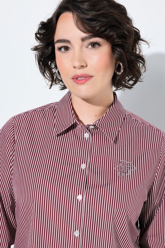 Pinstripe Metallic Floral Logo Print Button-Down Blouse