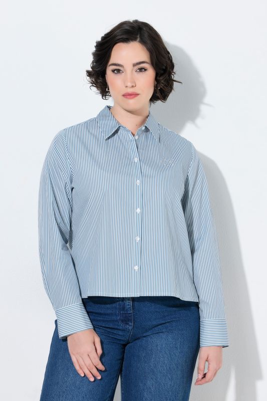 Pinstripe Metallic Floral Logo Print Button-Down Blouse