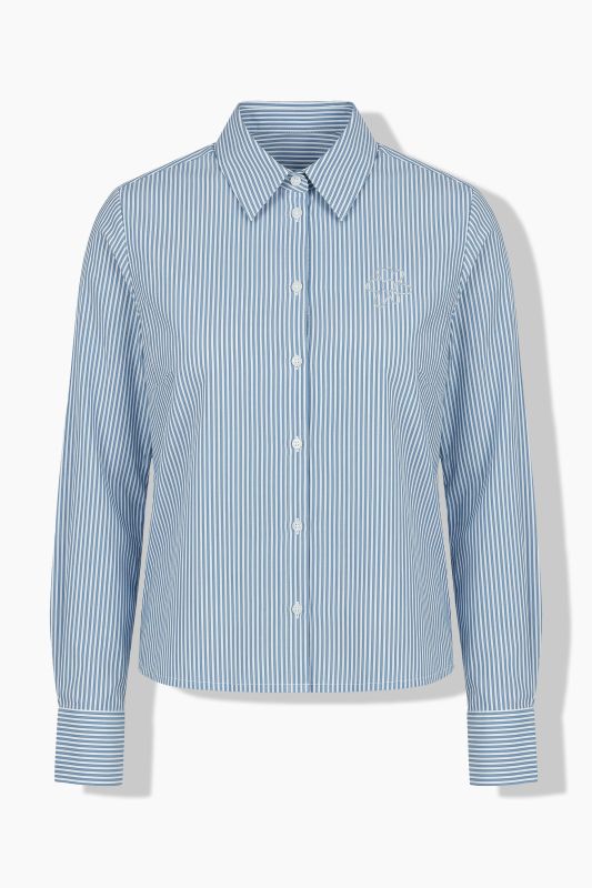 Pinstripe Metallic Floral Logo Print Button-Down Blouse