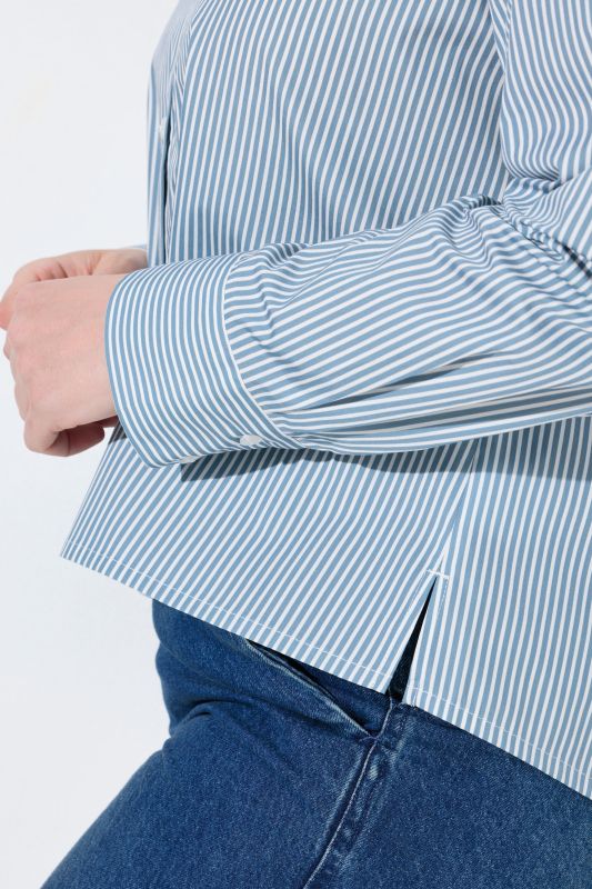 Pinstripe Metallic Floral Logo Print Button-Down Blouse