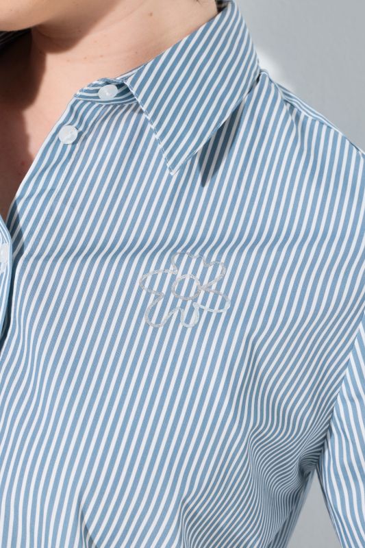 Pinstripe Metallic Floral Logo Print Button-Down Blouse
