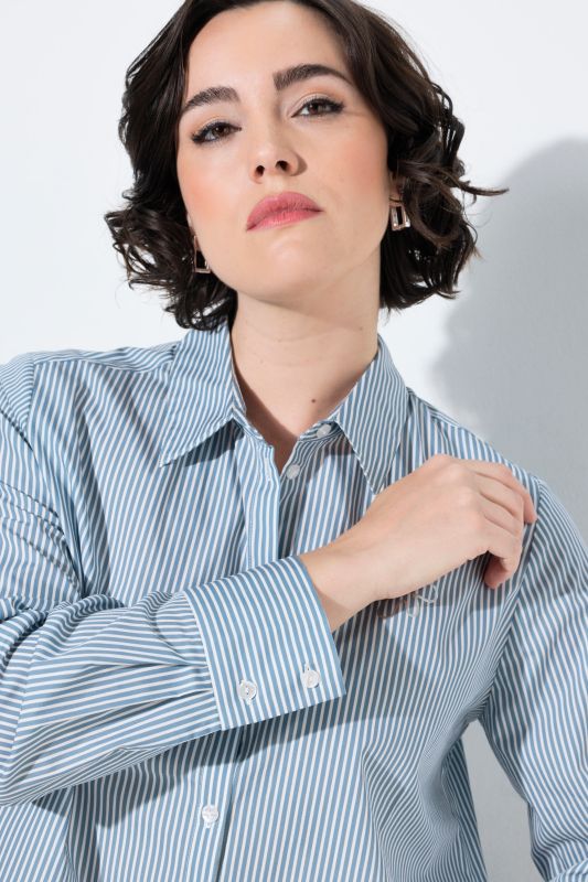 Pinstripe Metallic Floral Logo Print Button-Down Blouse