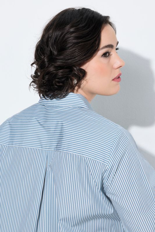 Pinstripe Metallic Floral Logo Print Button-Down Blouse