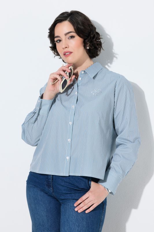 Pinstripe Metallic Floral Logo Print Button-Down Blouse