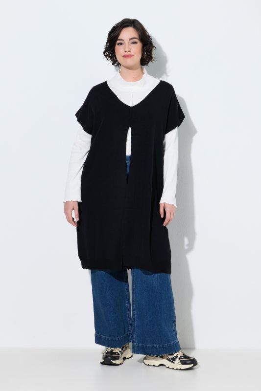 Long Split Front Cap Sleeve Sweater Vest
