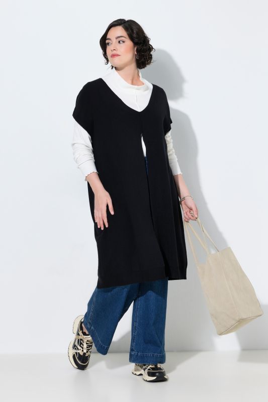 Long Split Front Cap Sleeve Sweater Vest