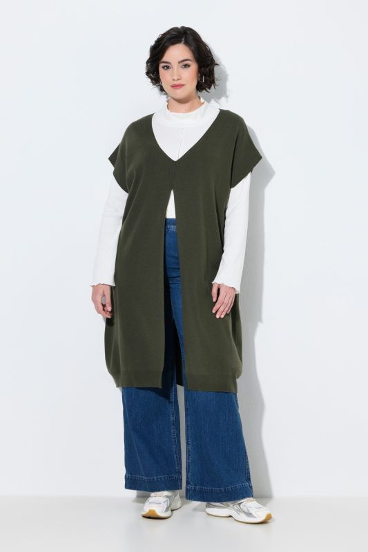 Long Split Front Cap Sleeve Sweater Vest