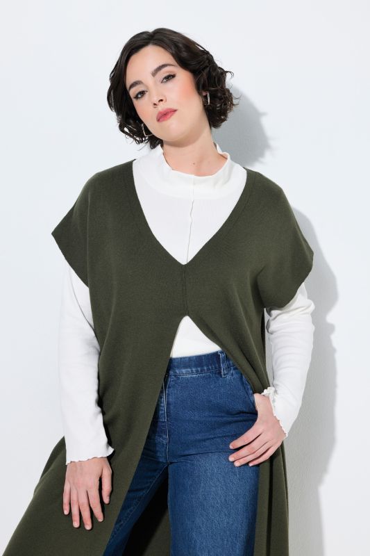 Long Split Front Cap Sleeve Sweater Vest