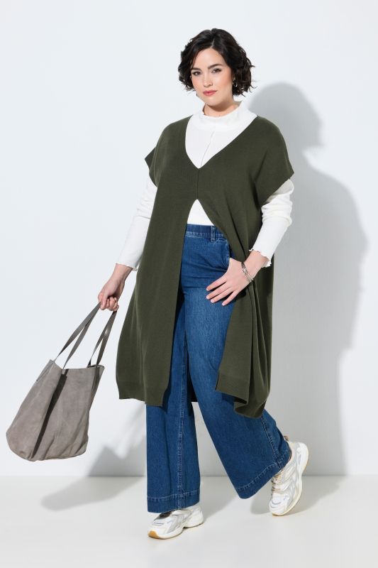 Long Split Front Cap Sleeve Sweater Vest