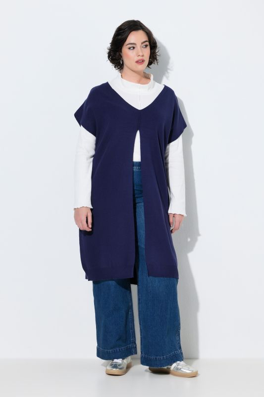 Long Split Front Cap Sleeve Sweater Vest