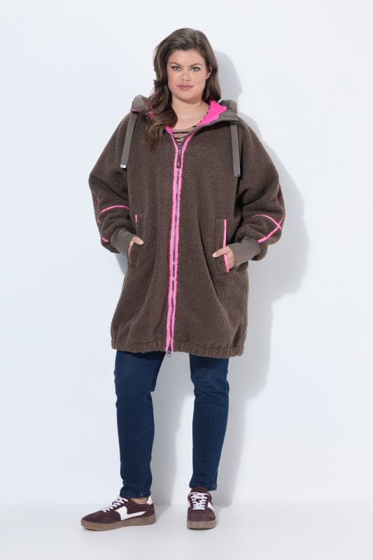 Neon Trim Long Plush Teddy Fleece Jacket