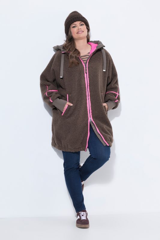 Neon Trim Long Plush Teddy Fleece Jacket