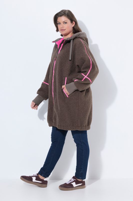 Neon Trim Long Plush Teddy Fleece Jacket