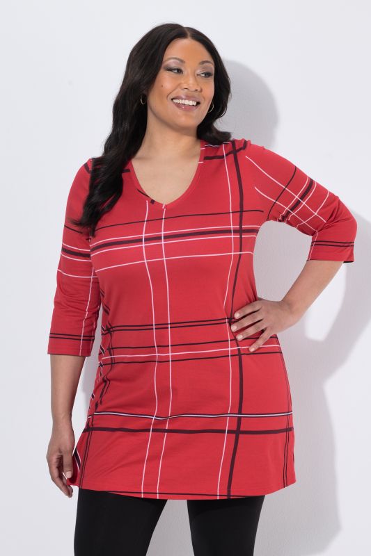 Plaid 3/4 Sleeve V-Neck Knit Tunic