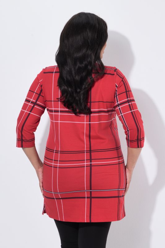 Plaid 3/4 Sleeve V-Neck Knit Tunic