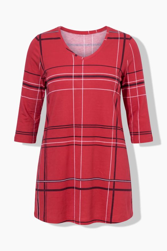 Plaid 3/4 Sleeve V-Neck Knit Tunic