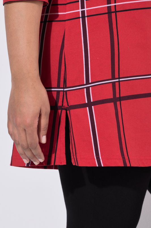 Plaid 3/4 Sleeve V-Neck Knit Tunic