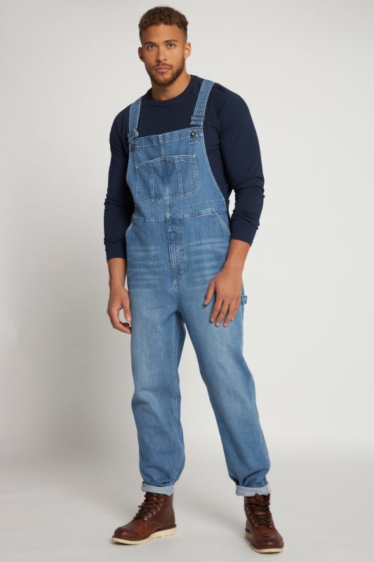 Dungarees, denim, many pockets, elastic inserts, relaxed fit