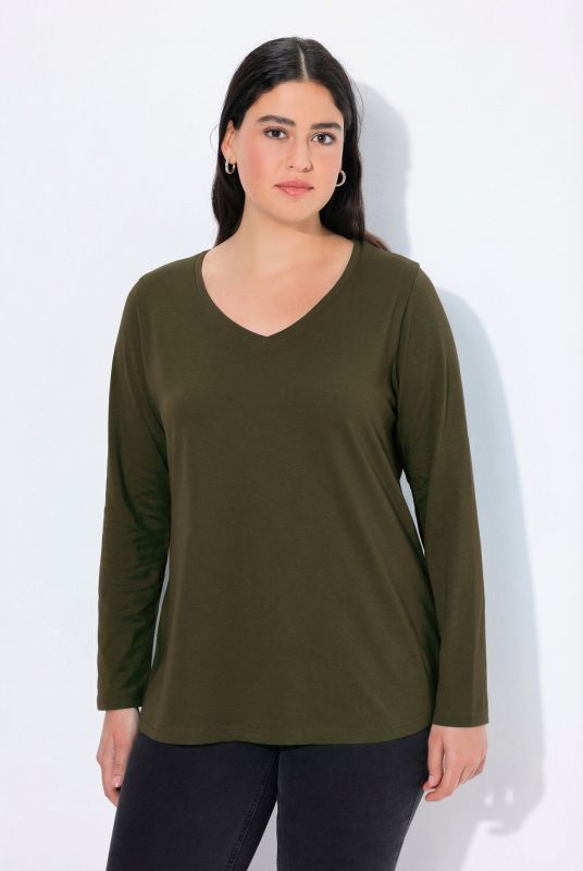 V-Neck Long Sleeves Slim Fit Cotton Knit Tee