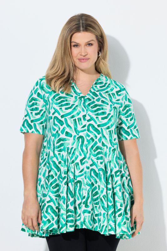 Eco Cotton Abstract Print Godet Pleated Knit Tunic