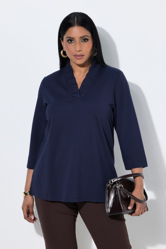 Ruffled Neckline 3/4 Sleeve T-Shirt Blouse