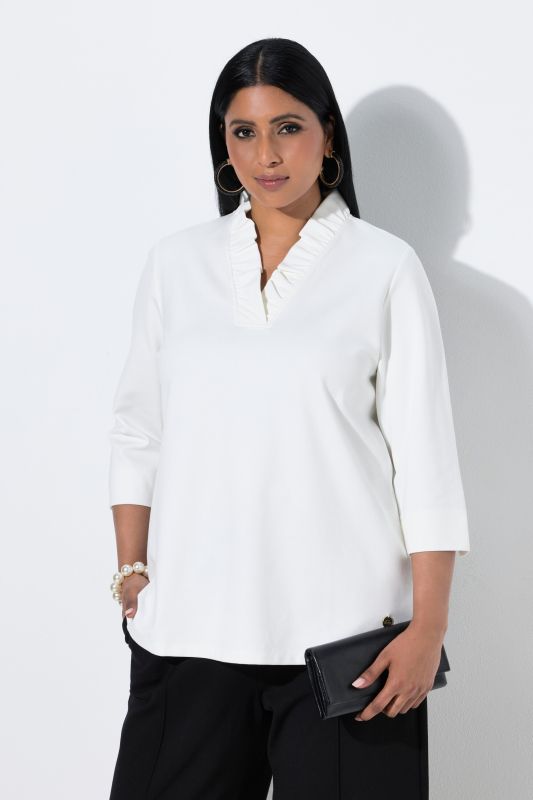 Ruffled Neckline 3/4 Sleeve T-Shirt Blouse