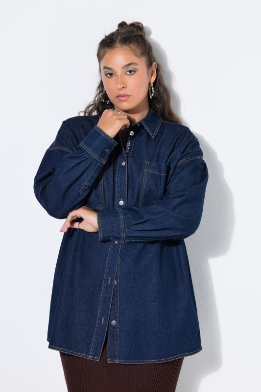 Denim Embroidered Lettering Blouse