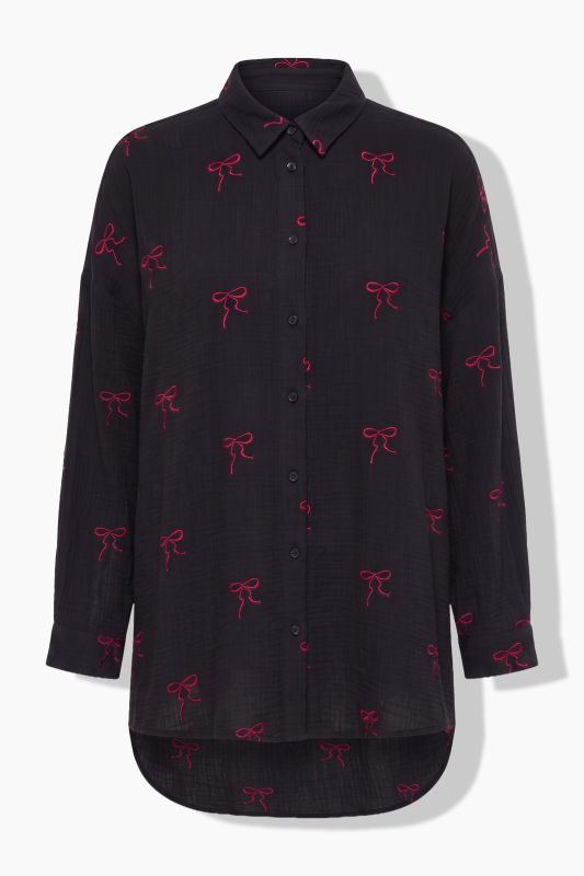 Blouse, oversized, muslin, embroidered bows
