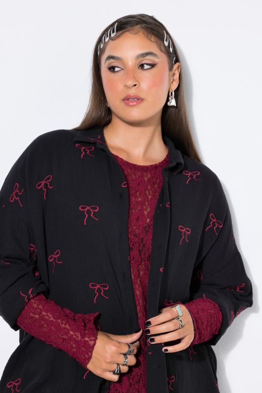 Blouse, oversized, muslin, embroidered bows