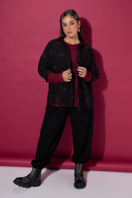 Blouse, oversized, muslin, embroidered bows