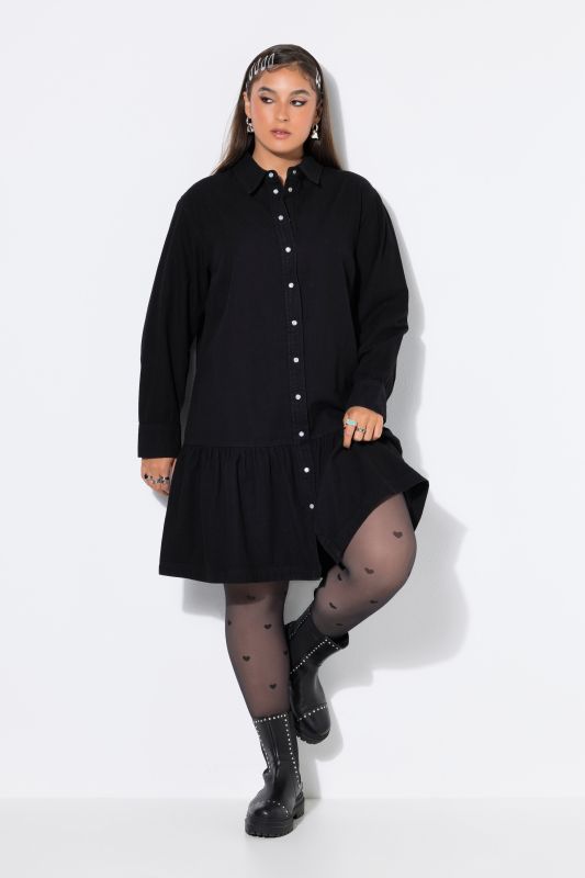 Denim dress, oversized, hem flounce, wide long sleeve