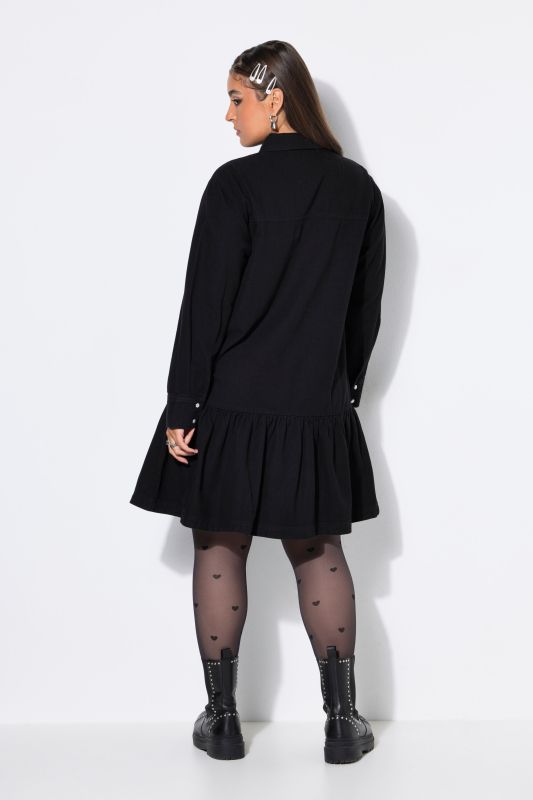 Denim dress, oversized, hem flounce, wide long sleeve