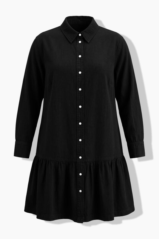 Denim dress, oversized, hem flounce, wide long sleeve