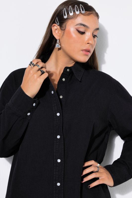 Denim dress, oversized, hem flounce, wide long sleeve