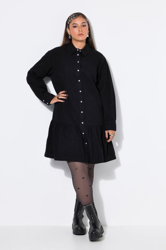 Denim dress, oversized, hem flounce, wide long sleeve