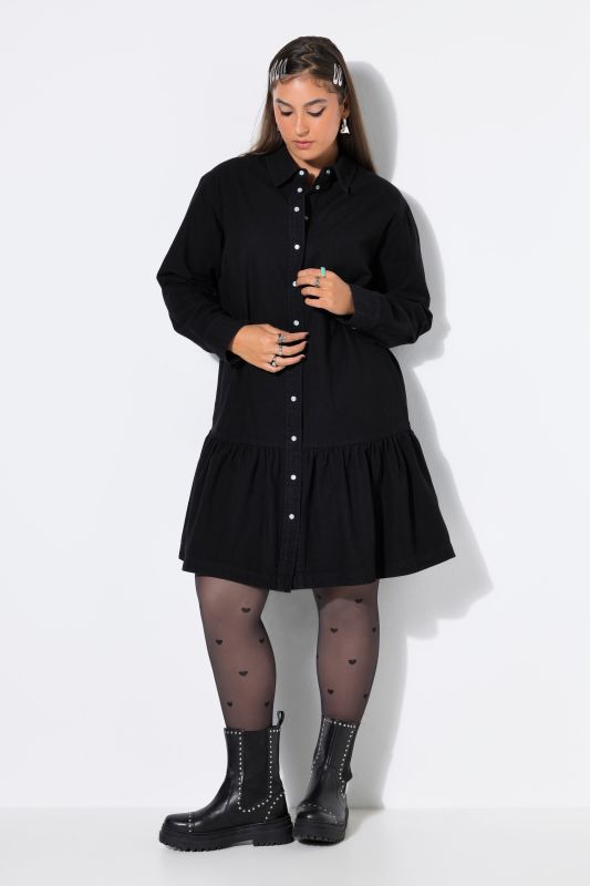 Denim dress, oversized, hem flounce, wide long sleeve