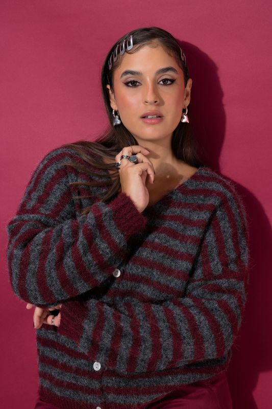 Striped Long Sleeve Dropped Shoulder Cardigan