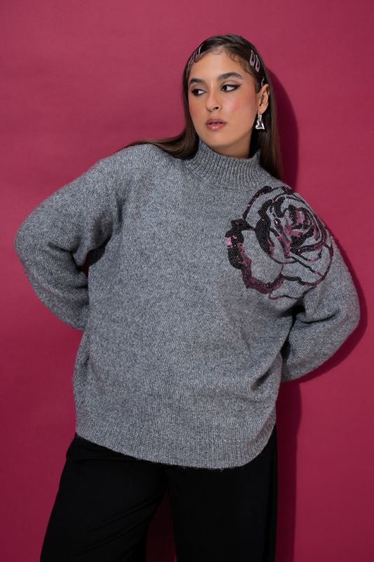 Sequin Rose Mock Neck Sweater