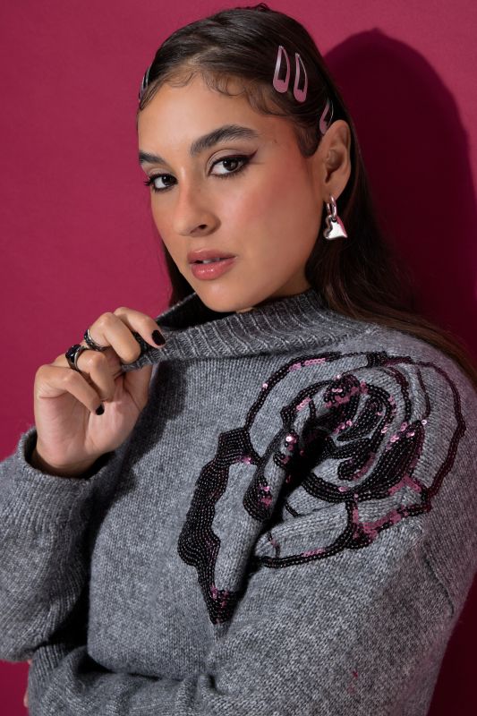 Sequin Rose Mock Neck Sweater