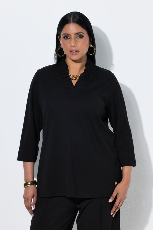 Ruffled Neckline 3/4 Sleeve T-Shirt Blouse