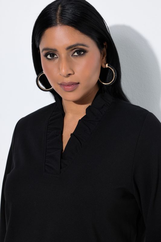 Ruffled Neckline 3/4 Sleeve T-Shirt Blouse