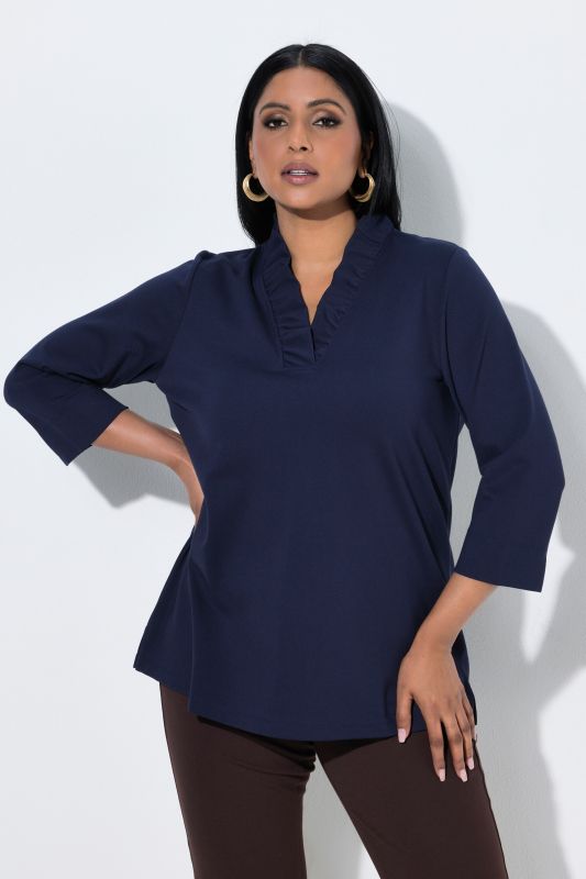 Ruffled Neckline 3/4 Sleeve T-Shirt Blouse