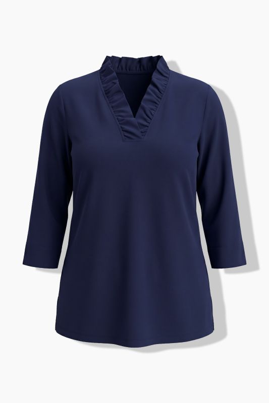 Ruffled Neckline 3/4 Sleeve T-Shirt Blouse