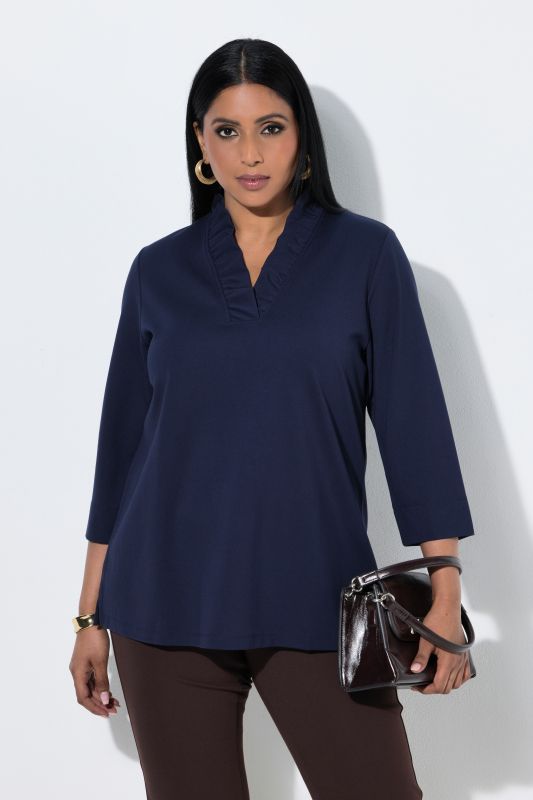 Ruffled Neckline 3/4 Sleeve T-Shirt Blouse