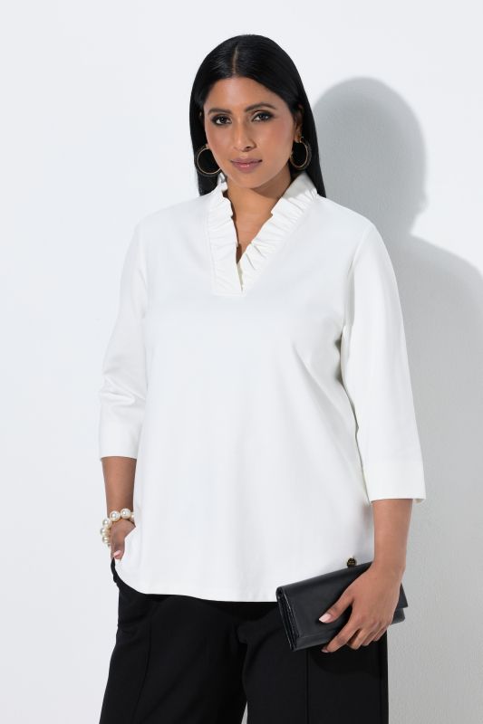 Ruffled Neckline 3/4 Sleeve T-Shirt Blouse