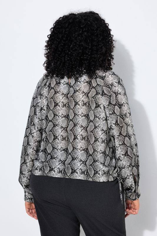 Snake Print Long Sleeve Drawstring Hem Blouse
