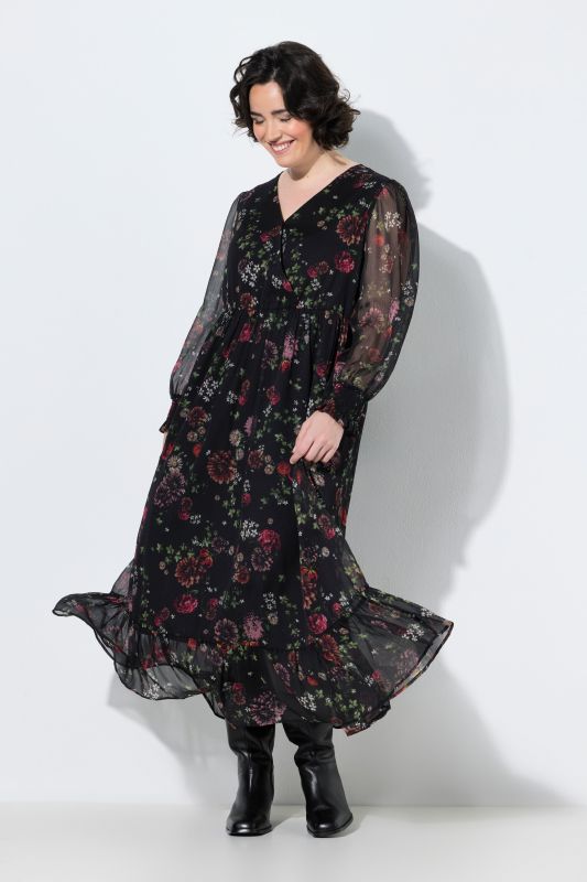 Deep Floral Chiffon Ruffle Dress